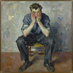 painting of a man sitting on a chair hiding his face with hands staring at you by georg baselitz, albert marquet, expressive painting, multi layered heavy thick brushstrokes, medium shot, high quality