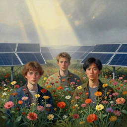 portrait of field solar panels flowers growing between, colorful, modern art deco, mads berg, karolis strautniekas, victo ngai, low fog, fine texture, detailed, muted colors, dramatic lighting, dynamic composition, matte print, wide angle, ( ( sunbeams ) ), moody, stippled light