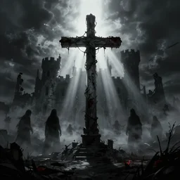 a cross between bloodborne and silent hill, castle ruins, volumetric fog, god rays, shadowy figures lurking, stark lighting, by Brom, artstation.