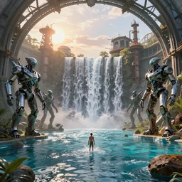 beautiful pool waterfalls surrounded by alien robots, steel archways, industrial buildings, rusty metal towers, sun setting, ross tran, fantasy, james jean, peter morbacher, angelarium, alchemy, luxury, heavenly light, soft illumination, trending on artstation, cinematic lighting, digital painting, octane render, artgerm