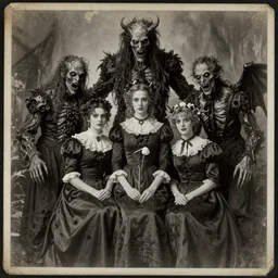 vintage photograph monochrome plate, portrait of monstrous mutant victorian family of demonic cenobite people posing with grotesque lovecraftian god monsters, distressed old photo, deteriorating, grunge, antique, slight sepia tone, horror, madness