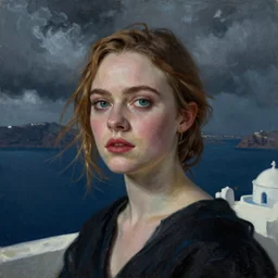 Elle Fanning in Santorini in the world of Rembrandt, head and shoulders portrait, stormy weather, extremely detailed masterpiece, oil on canvas, low-key neon lighting, artstation, Blade Runner 2049, Roger Deakin’s cinematography, by J. C. Leyendecker and Peter Paul Rubens and Edward Hopper and Michael Sowa,