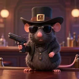 a still of an anthropomorphic gangster rat, wearing sunglasses and a mafia-style hat, holding a glock, long fur, sitting at a bar in a Disney Pixar movie, 35mm f2.8, 4k, artstation, PBR materials, Pixar renderman render