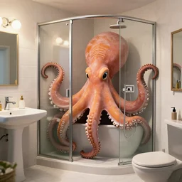 an estate agent photo of a quirky bathroom, unreal engine, giant octopus stuffed in the shower