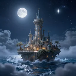 mystery island, the stars shine in the starry sky, bright moon, waves, sparkling sea, clouds and fog, whimsical, detailed, volumetric lights, intricate details, raytracing, great complexity, cinematic, film, 8 k, octane render by ivan aivazovsky and noah bradley