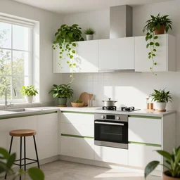 a photograph of a contemporary kitchen, white with green accents, filled with plants and vines, morning light