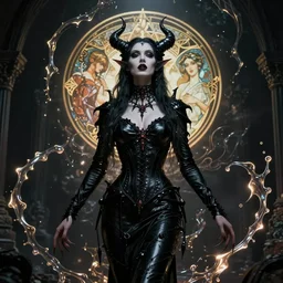 masterpiece portrait of an beautiful succubus with gothic black leather, surrounded by glowing liquid occult swirls, majestic, dramatic lighting, h. r. giger, beksinski, alphonse mucha, artgerm, donato giancola, tom bagshaw, trending on cgsociety, octane render, 8 k
