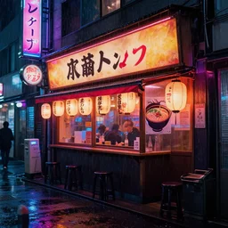 ramen shop at night, tokyo, rain, hyper realistic, photorealistic, hd, 8 k, unreal engine, detailed, vibrant, cyberpunk, cinematic, blade runner 2 0 4 9