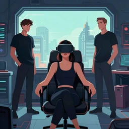 illustration of a woman in vr headset sitting in cyberpunk room behind the window, by syd mead, greg rutkowski and ivan shishkin