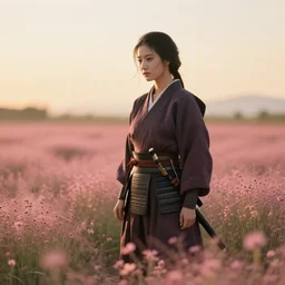 female samurai standing in a pink flower field in the style of Ruan Jia, golden hour