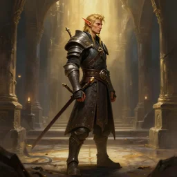 dungeons and dragons warrior elf character full body side profile portrait, dramatic light, dungeon background, 2 0 0 mm focal length, painted by stanley lau, painted by greg rutkowski, painted by stanley artgerm, digital art, trending on artstation