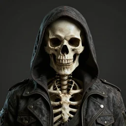 a skeleton with a scary serious skull in the eyes wearing a jacket with capuchin, face portrait, portait image, hyperrealistic, concept art, octane render, unreal engine 5, trending on artstation, greg rutkowski, high quality, highly detailed, dramatic lighting, cinematic, high coherence, anatomically correct, path traced, badass, epic image, sharp focus