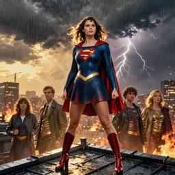 epic portrait of a muscled supergirl posing on a high roof, light rain, thunder storm background, burning city background, golden hour, wlop, steve argyle, ilya kuvshinov, greg rutkowski, alphonse mucha, francine van hove