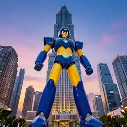 large skyscraper sized megaman statue in the center of the cityscape full of skyscrapers with dramatic dusk lighting, intricate details, perfect weather, vivid colors