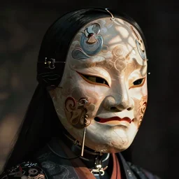 a beautiful cyborg made of japanese ceremonial maske