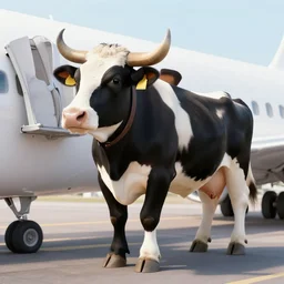 modern day dressed up holstein minotaur boarding an airplane