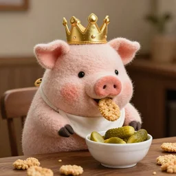 realistic photo of a cute felt stuffed animal pig wearing a gold crown eating a bowl pork rinds and pickles at table with a bib on, high quality, cinematic concept art