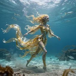 an alien woman in an underwater landscape, her body is made of thousands of thin ribbons of translucent gold and silver fabric that are twisting and swirling in the swift current, school of silver fish in the distance, sandy seafloor, caustics lighting from above, highly detailed, fantasy, octane render