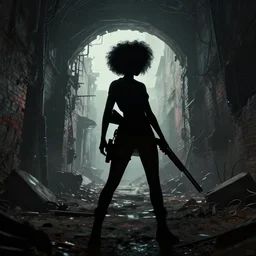 a dynamic long shot portrait of the silhouette of a black girl with an afro and a shotgun at a post apocalyptic alley with a portal, by simon stalenhag, dark and ominous, digital illustration, behance, rendered in unreal engine 5, rim lighting, ray tracing, 8 k, hd
