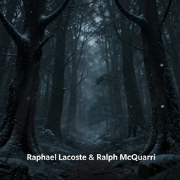 beautiful dark evil forest at night with foreboding trees and snow, snowing. Digital Matte Illustration by Raphael Lacoste and Ralph McQuarri