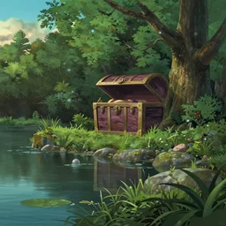 an alien city with a pond, beautiful ancient trees, hiding large treasure chest, serene evening atmosphere, soft lens, soft light, cel - shading, animation, in the style of cgsociety, deviantart, artstation, zbrush, cinema 4 d, studio ghibli, akihiko yoshida, atelier lulua, masamune shirow