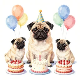 pugs party with balloons and cakes, ronald dahl drawing colored with watercolors