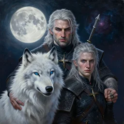 ciri from the witcher vaholds the moon and the white wolf, in the background you can see the universe. by Daniel F. Gerhartz, hyperrealistic oil painting, 4k, very detailed faces, studio lightning
