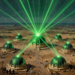 hyper detailed painting of domes made of green lasers, sprawling across majestic parched plains, by francisco goya and rembrandt, unsettling, mysterious, by stephan martiniere and alexander fedosav, hyperrealism, 8 k resolution, behance hd, artstation, nightcafe