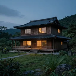 twilight lighting, moody, atmospheric, solarpunk, old traditional japanese sleek modern mansion made of wood in a green garden, with a front porch, on the lonely hill by ghibli studio and victor ngai, ghost in the shell, akira, pixar highly detailed, 8 k h 5 7 6