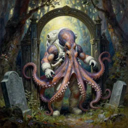 muscular octopus astronaut in forest portal gate next to graveyard,  extremely textured frazetta oil painting 8k intricate dramatic cinematic mood backlight