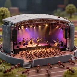 Ant rock band concert in miniature stadium for ants, full of Ants, seen with a Sigma 70mm f_2.8 macro lens, cinema4D, cinematic, Greg rutkowski, trending artstation