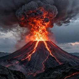 an epic scary monster made out of lava emerging from a volcano