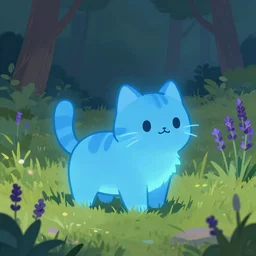 artstation illustration of a glowing blue adorable cat in grassy field with trees in the background, lavender growing nearby, concept art,