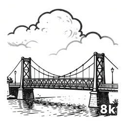 small iron suspension bridge built in 1 9 2 8, side view, puffy clouds in background, woodcut style, rubber stamp, 8 k