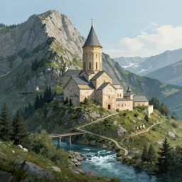 the water ascending the mountain to the monastery, realistic shaded lighting poster by ilya kuvshinov katsuhiro, magali villeneuve, artgerm, jeremy lipkin and michael garmash, rob rey and kentaro miura style, trending on art station