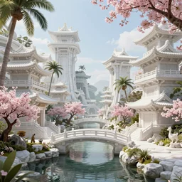 ancient utopian japanese city in paradise, canals, bridges, white marble buildings, tropical, sakura trees, blooms, by leon tukker, zaha hadid, photography, cinematic lighting, octane render, artstation