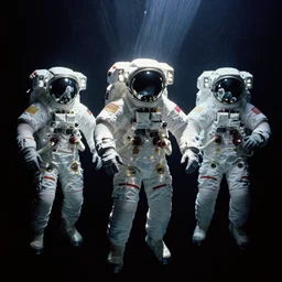 astronauts in dark void underwater - complex and hyperdetailed technical suit design. reflection and dispersion materials. rays and dispersion of light. volumetric light. f / 3 2. noise film photo. flash photography. ultra realistic, wide angle. poster by wayne barlowe, hajime sorayama aaron horkey, craig mullins