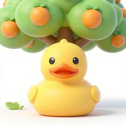 a happy and cute rubber ducky under an orange tree, high quality DSLR photography, professional photo of a rubber ducky