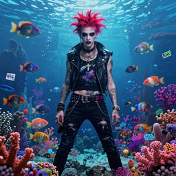 psychic punk rocker vampiric electrifying rockstar background designs of vibrant underwater locations filled with fish and coral and graffitti stickers by genndy tartakovsky and splatoon by nintendo and the psychonauts franchise by doublefine tim shafer artists for the new hotel transylvania film