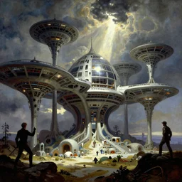 arcology by syd mead, frank frazetta, ken kelly, simon bisley, richard corben, william - adolphe bouguereau