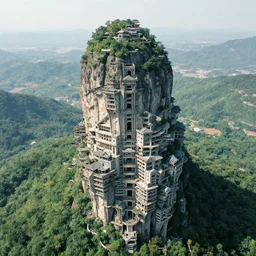 fantasy futuristic castle structure built into a giant isolated vertical mountain, layers of terraces, lush green landscape, drone shot, wide angle landscape, photogaphy, intricate detail, awe inspiring, 8 0 mm film, bright lighting, soft natural colors, cinematographic