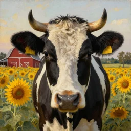 up close face portrait of a black and white cow in a beautiful field of sunflowers with a red barn behind it, by Michael Sowa, rustic, golden hour, extremely detailed masterpiece, oil on canvas, by J. C. Leyendecker and Peter Paul Rubens and Edward Hopper and Michael Sowa,