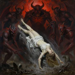 painting of a woman falling into a portal of hell with demons surrounding her