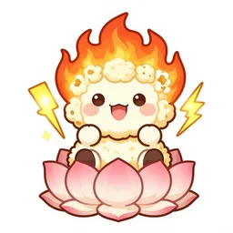 kawaii wacky fluffy popcorn with lightning bolt power, yokai, in the style of a manga character, with a smiling face and flames for hair, sitting on a lotus flower, white background, simple, clean composition, symmetrical