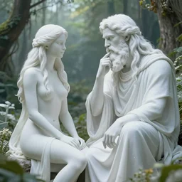 white - bearded, god, contemplating adam and eve's future, in the garden of eden - sorcerer, detailed, futuristic, photo - realistic, digital art