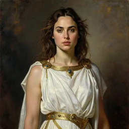 Oil painting of the beautiful woman Gal Gadot, she is wearing some withe ancient greek cloths and a surreal ornate, her hair is natural disheveled, naturalism, dramatic lighting, high-detailed oil painting by Ilya Repin, Michelangelo da Caravaggio, William Blake, Alex Grey and Beksinski, trending on Artsatio, masterpiece, 4k, 8k,