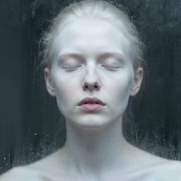 photorealistic portrait of a beautiful aesthetic pale woman by saul leiter, behind a wet glass, translucent white skin, closed eyes, foggy