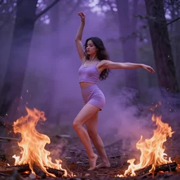 a young woman dances in a forest fire. she burned in the flames in purple fog