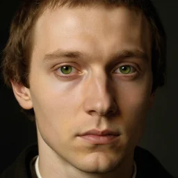 close up portrait of a young alchemist with green eyes and visible veins. jan van eyck