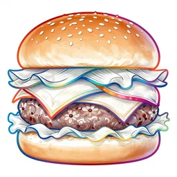 a close up image of a burger, a rainbow colored outline, intricate, elegant, illustration, digital painting, 8 k, fine detail, artstation, art by greg rutkowski, jack kirby, albert aublet, frank herbert, and alphonse mucha